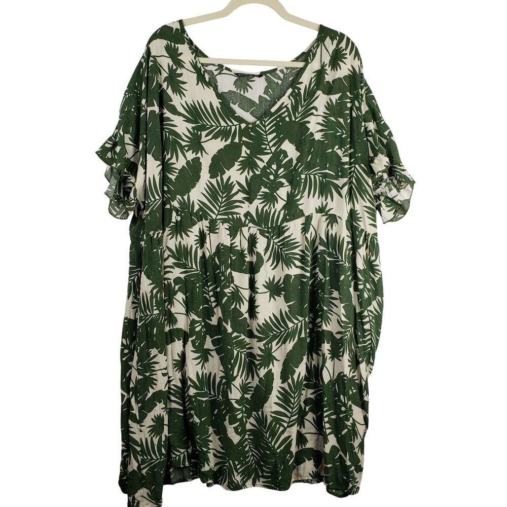 BloomChic Size 22‎ Ruffle Sleeve Midi Dress Green Tropical Palm Print Beach